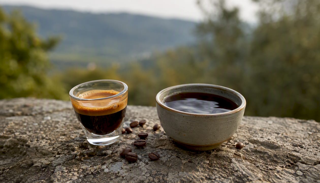 Espresso with crema next to moka pot coffee