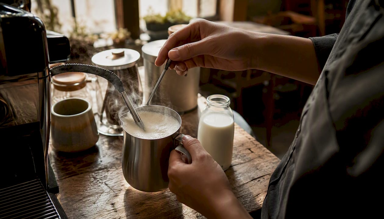 Steaming milk with espresso machine steam wand