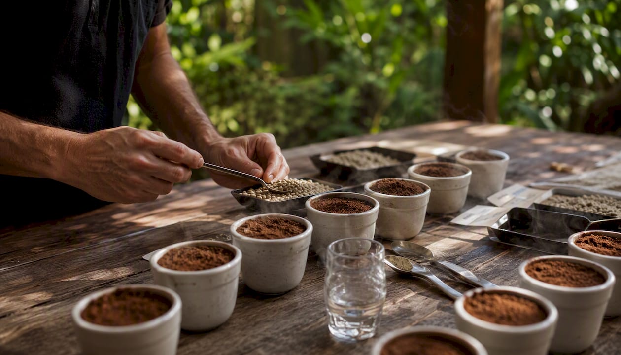 Hands smelling ground green coffee during cupping