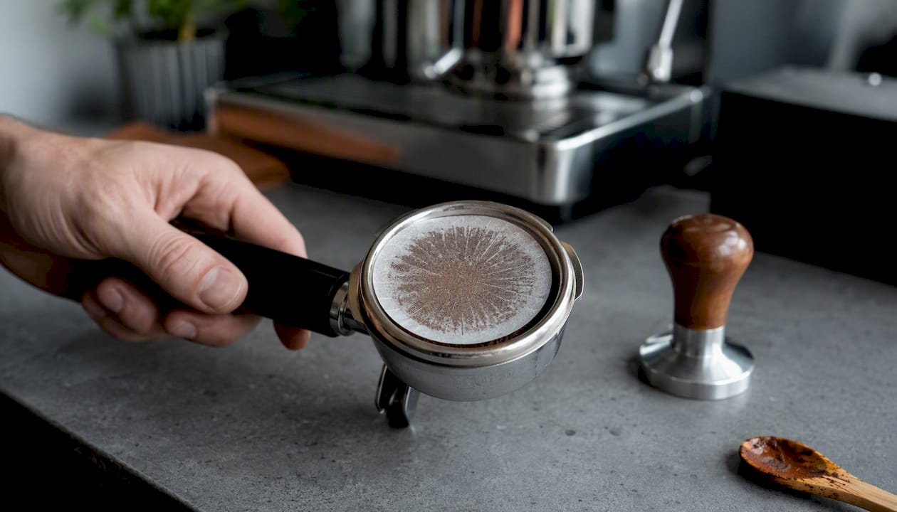 Paper filter diffusing water above coffee puck