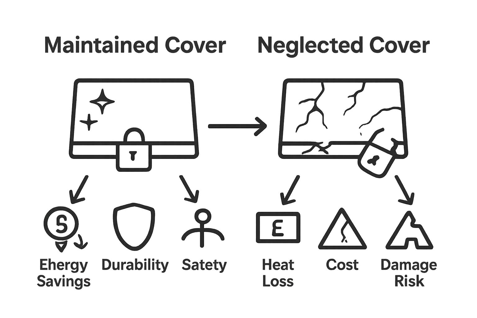 Infographic comparing maintained vs. neglected hot tub covers with icons for energy, safety, and durability.