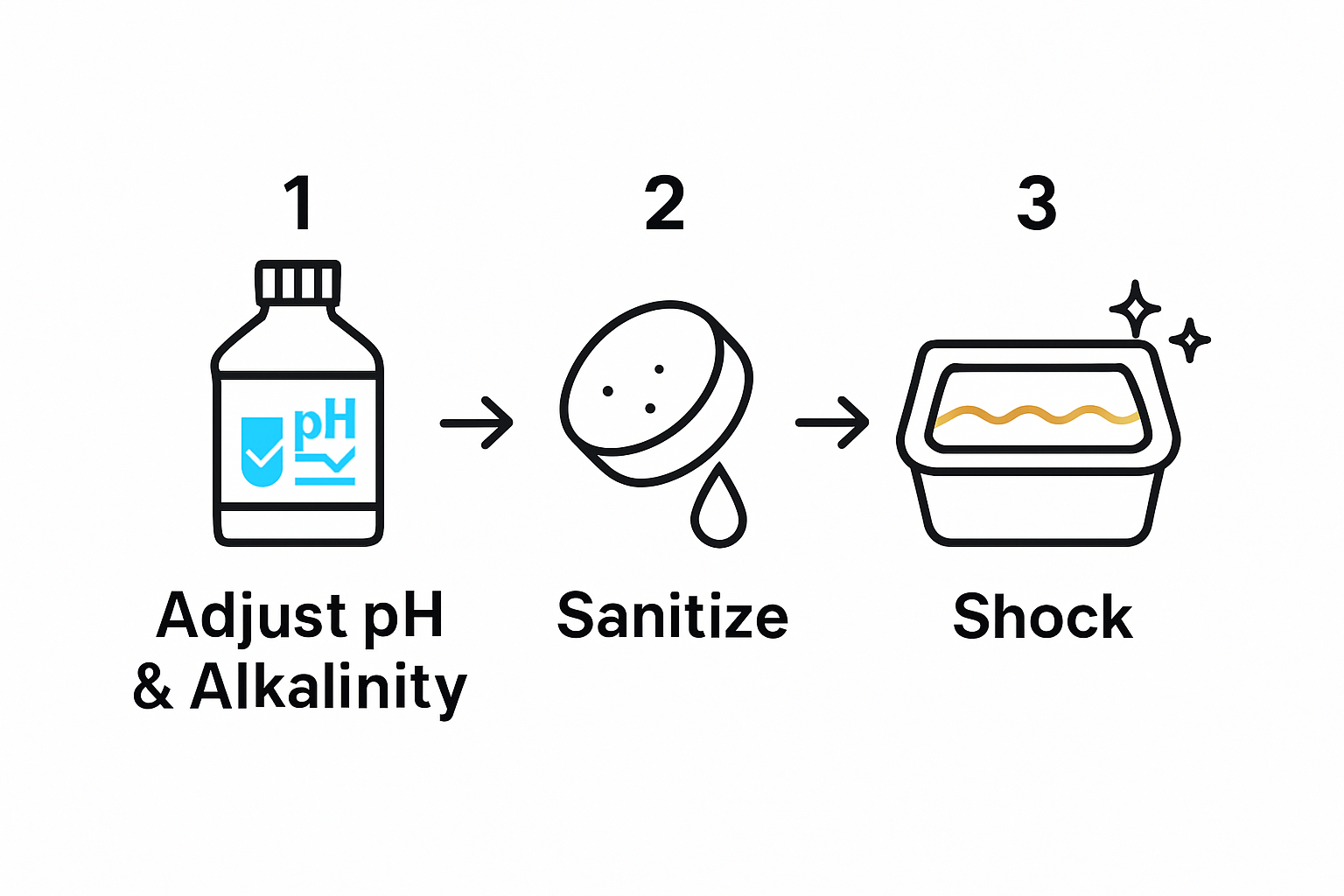 Three-step infographic of hot tub water treatment: balance, sanitize, shock.