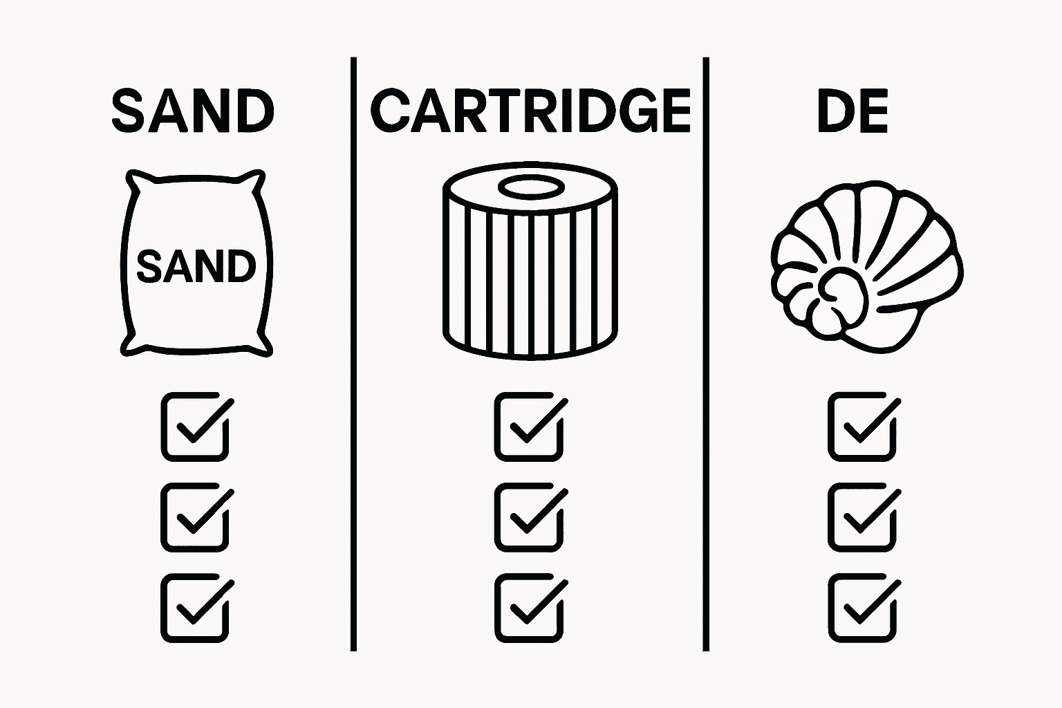 Simple infographic comparing sand, cartridge, and DE pool filters by precision and maintenance