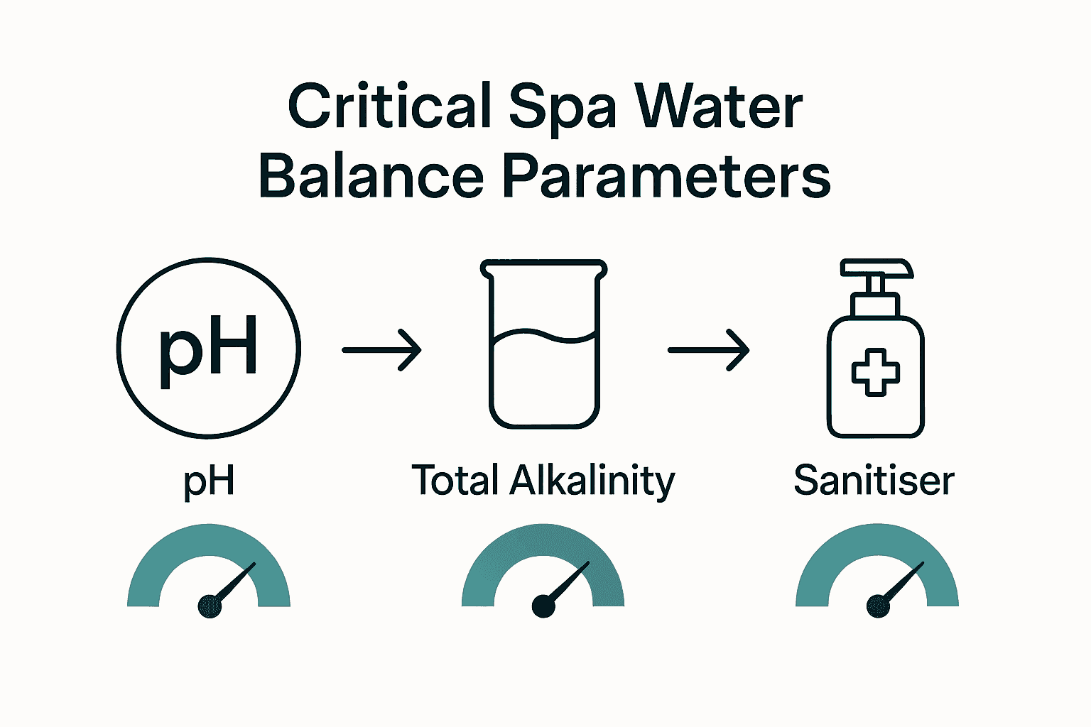Infographic showing pH, alkalinity, sanitiser icons with ideal ranges.