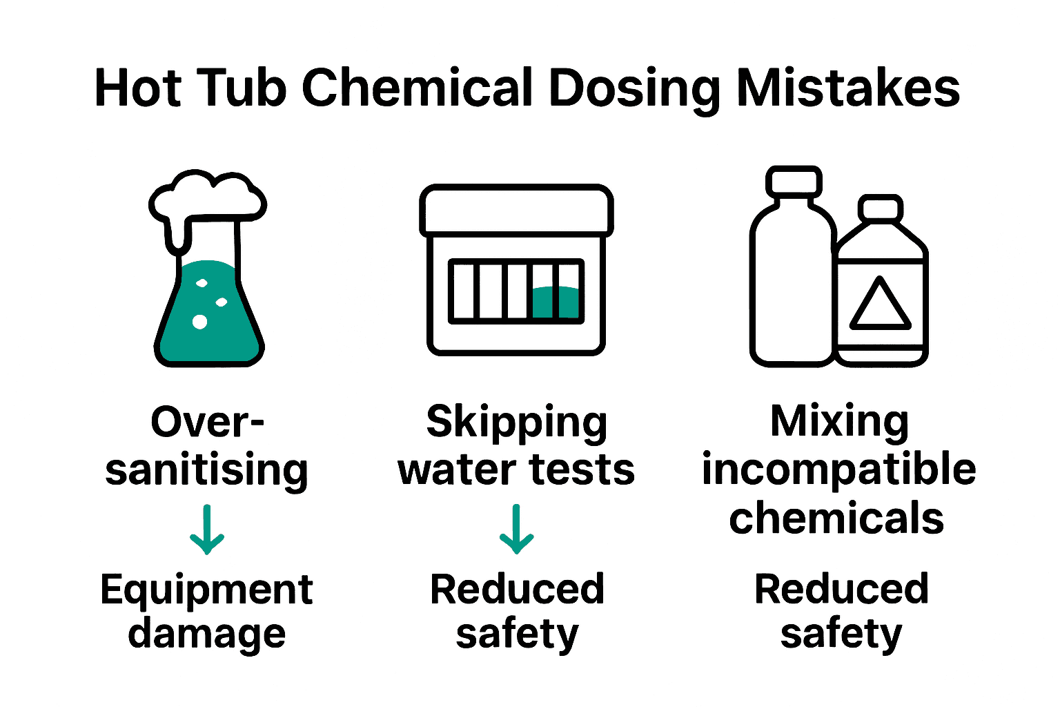 Infographic of hot tub dosing mistakes with icons and effects
