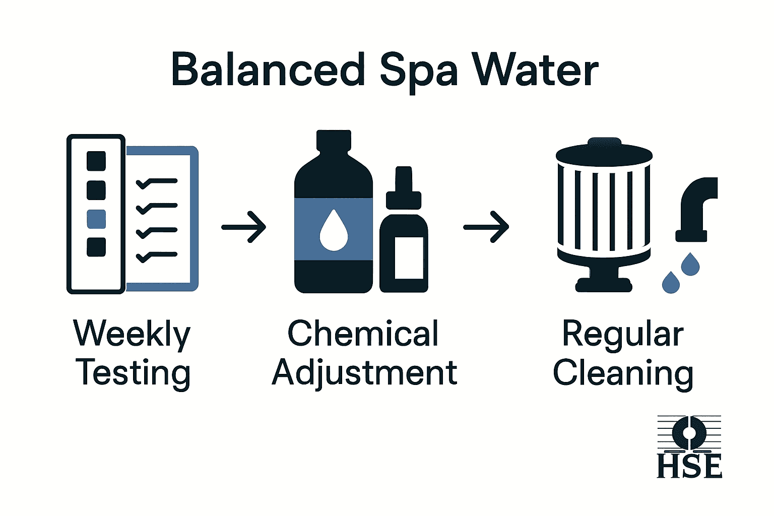 Infographic showing three-step spa water maintenance process