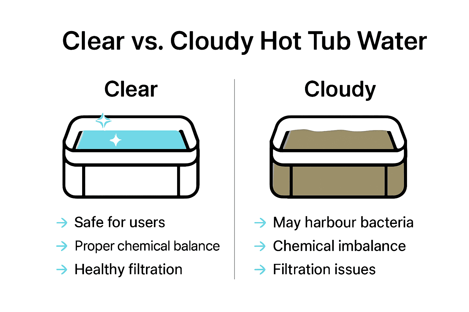Clear and cloudy hot tub water comparison with icons and key points