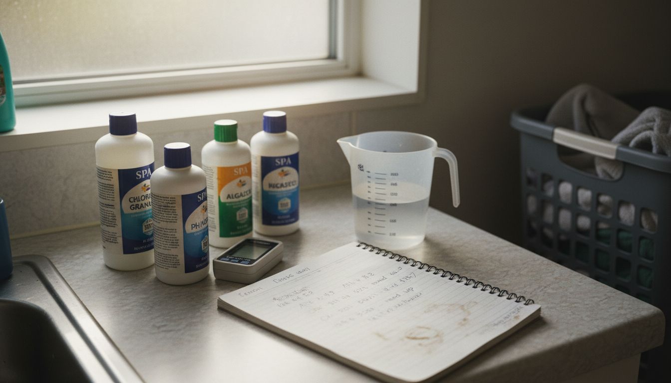 Assortment of spa testing tools and chemicals