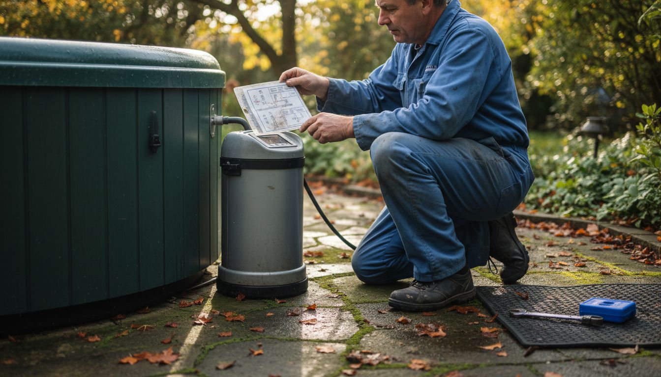 Technician adjusting outdoor spa filtration system