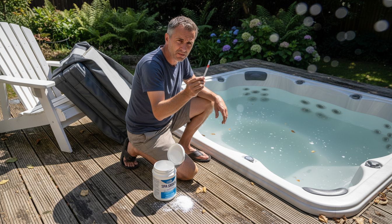 Man testing cloudy spa water maintenance