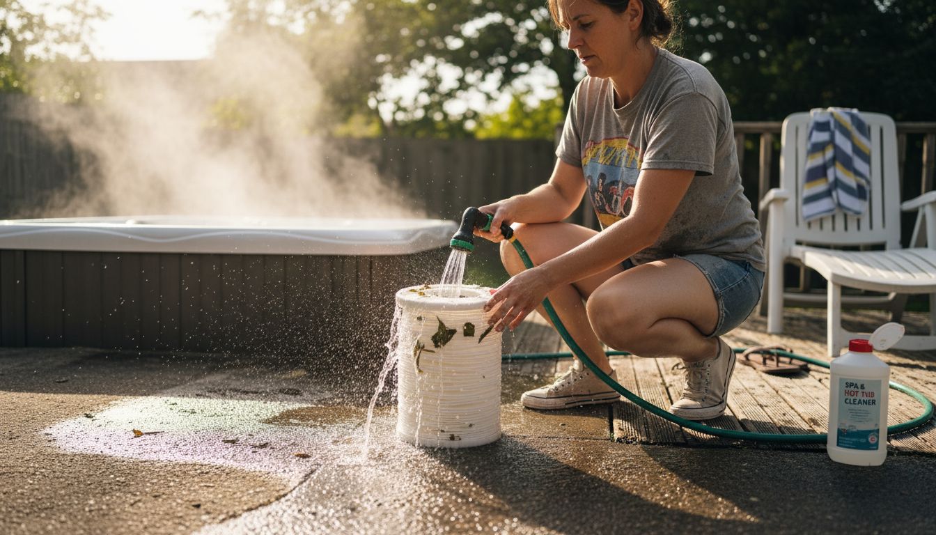 Woman rinsing hot tub filter outside