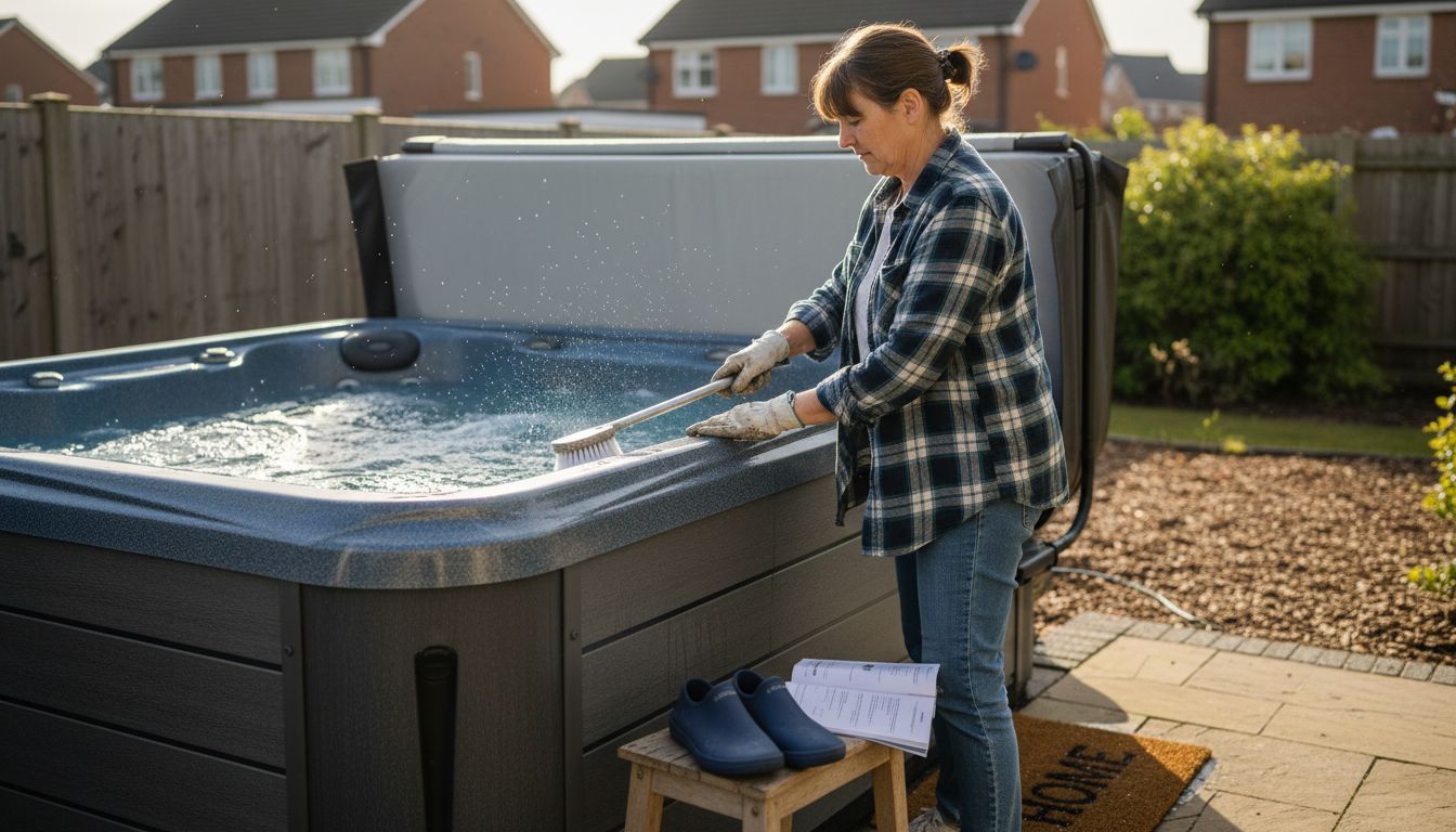 Woman cleaning spa shell and cover outdoors