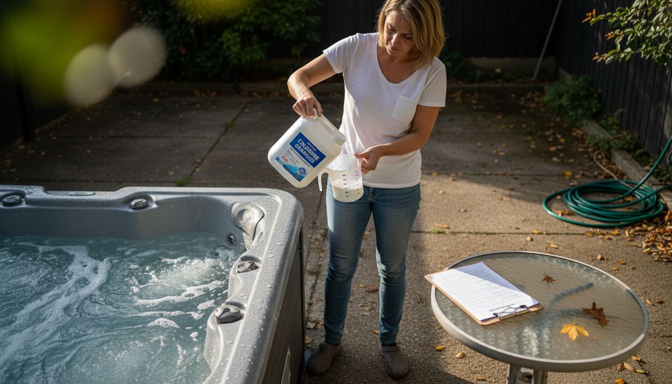 Woman measuring and pouring hot tub chemicals