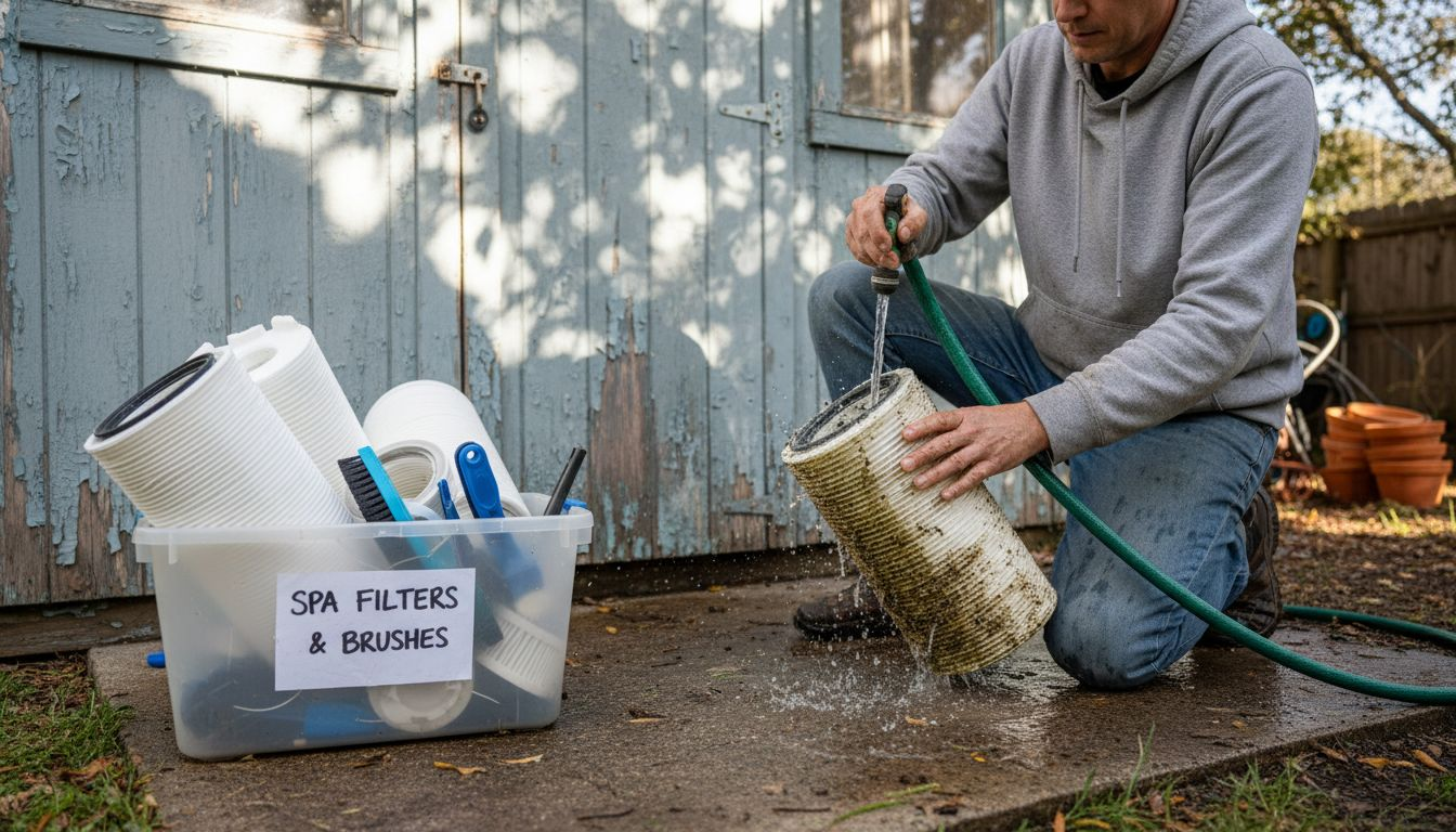 Rinsing hot tub filter outdoors