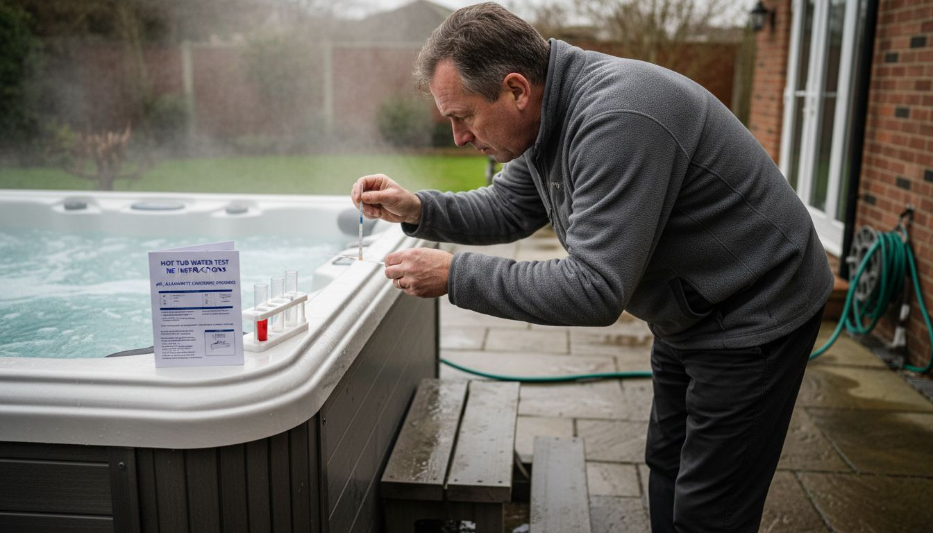 Man testing hot tub water on patio