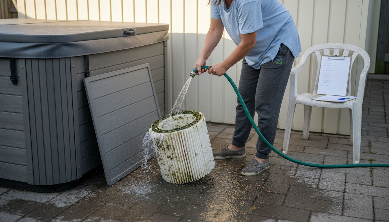 Woman cleaning hot tub filter outside