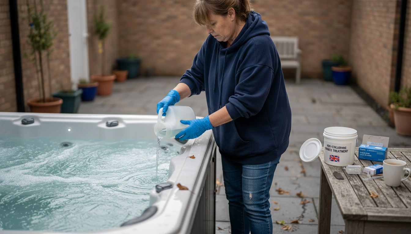Woman adding non-chlorine shock to hot tub