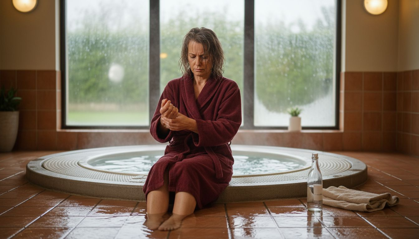 Concerned woman checks pulse by hot tub edge
