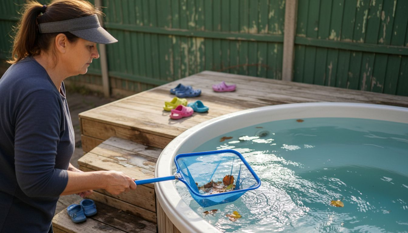 Woman skims debris off hot tub water