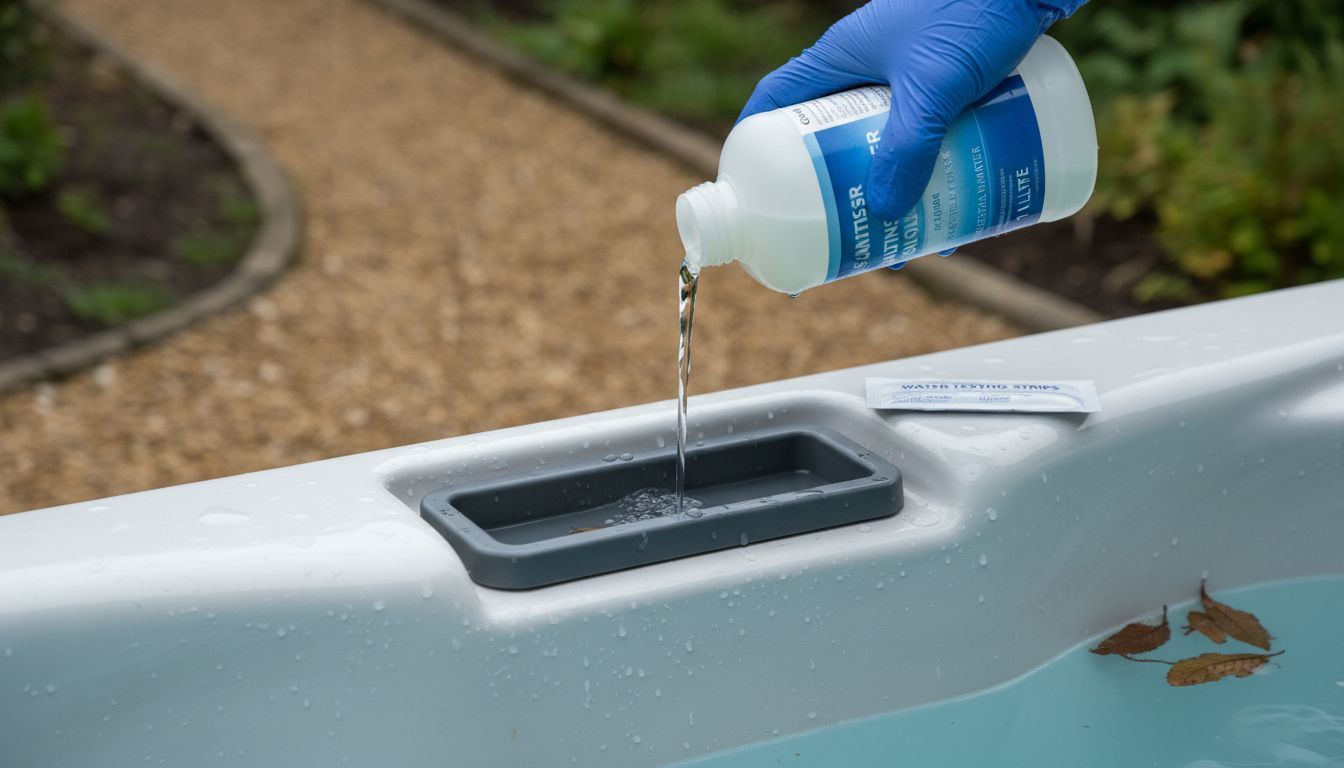 Gloved hand adding spa sanitiser to hot tub