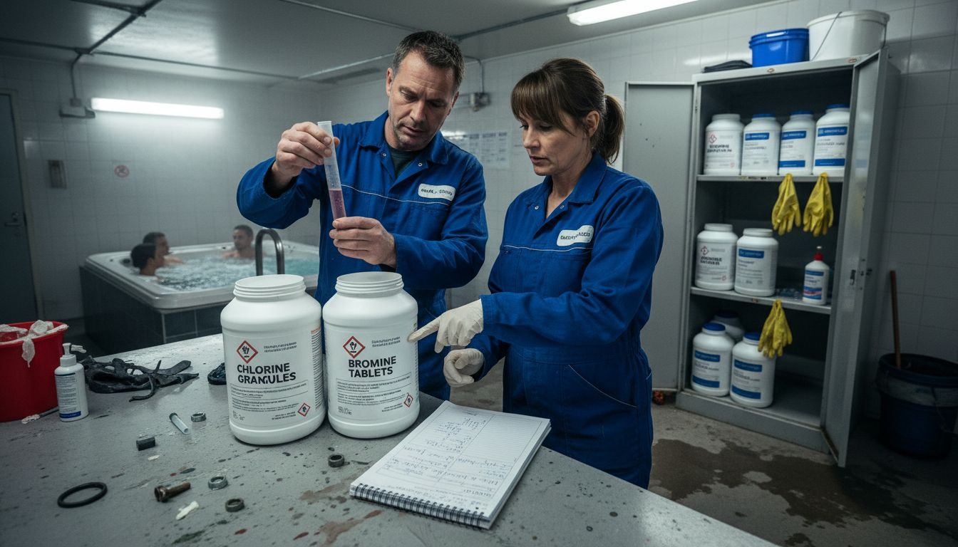 Spa staff comparing chlorine and bromine products