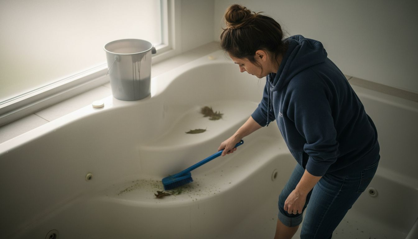 Woman scrubbing algae from spa step