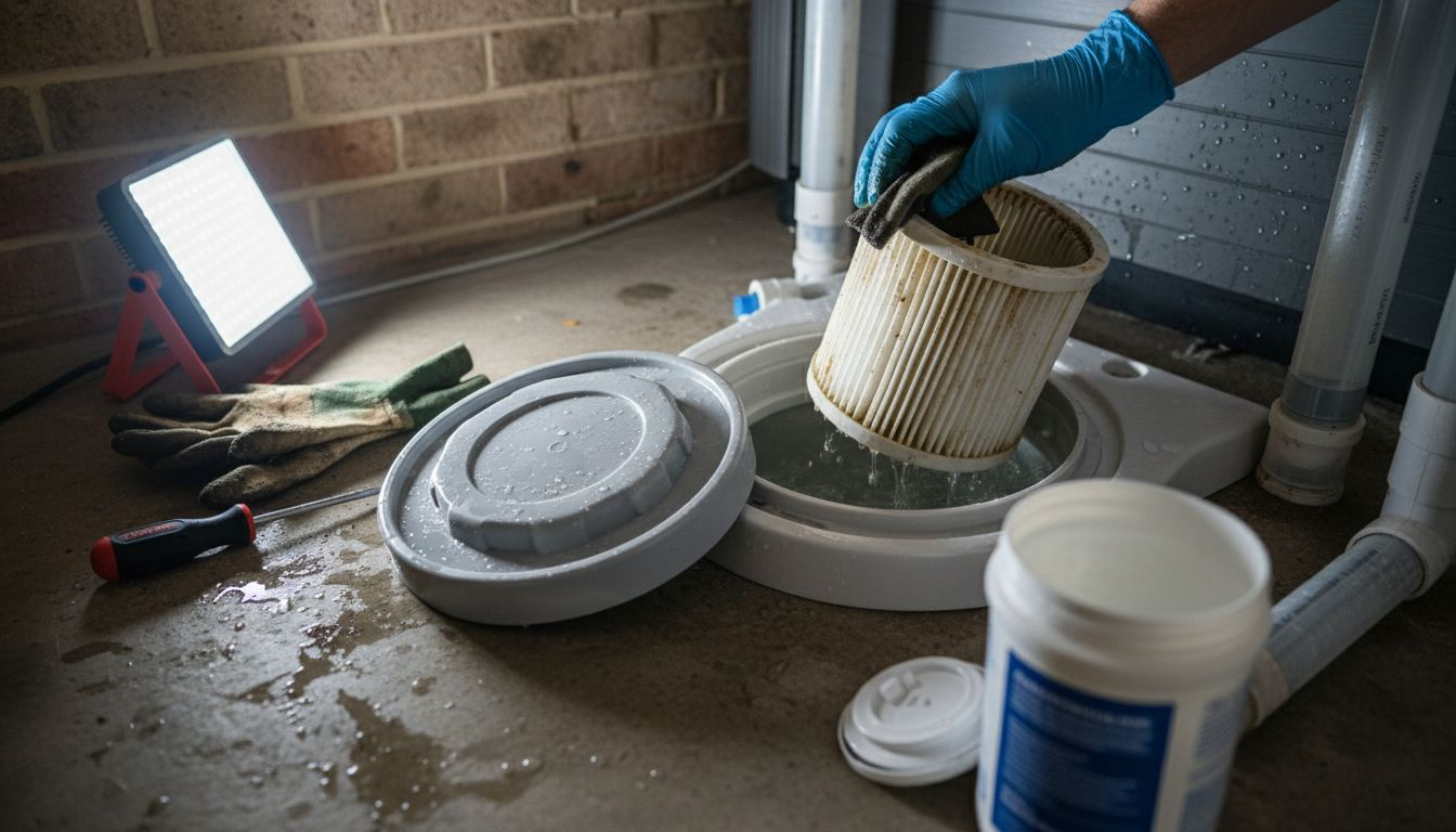 Hand cleaning hot tub filter compartment