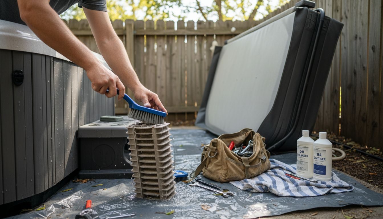 Hot tub filter maintenance scene with chemicals