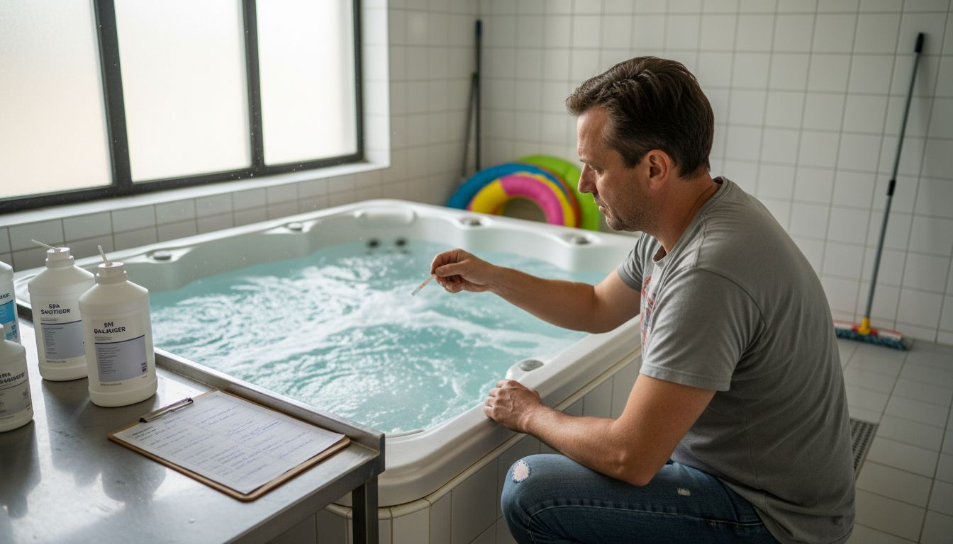 Man testing hot tub water with strip