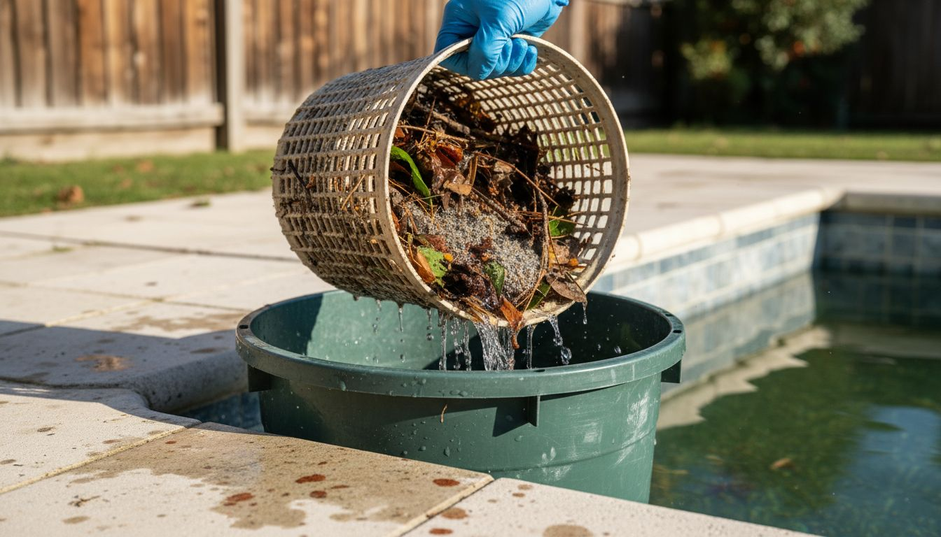 Pool filter basket with collected debris