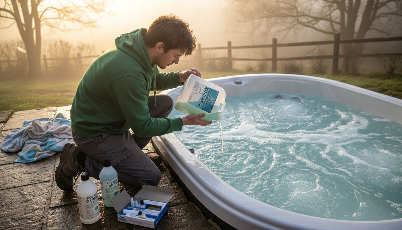 Man treating outdoor hot tub water