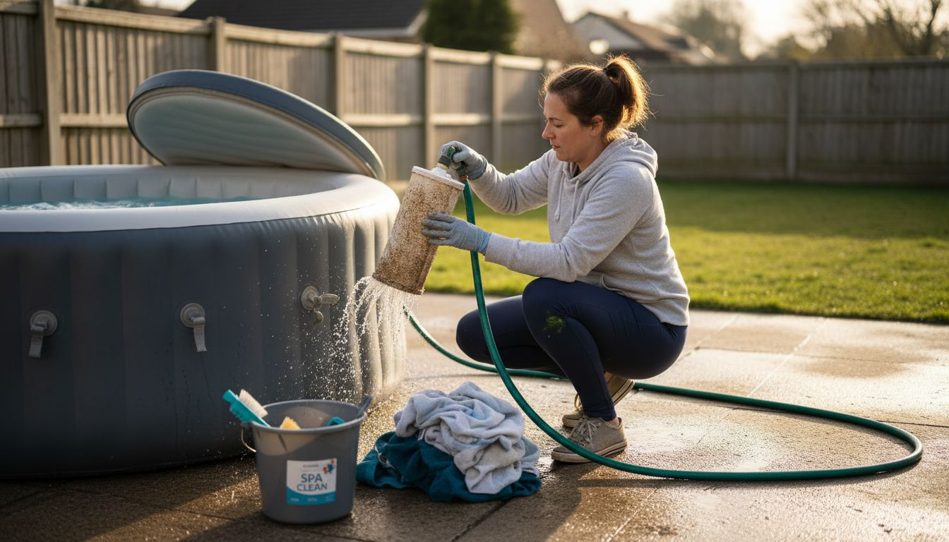 Woman cleaning hot tub filter with hose