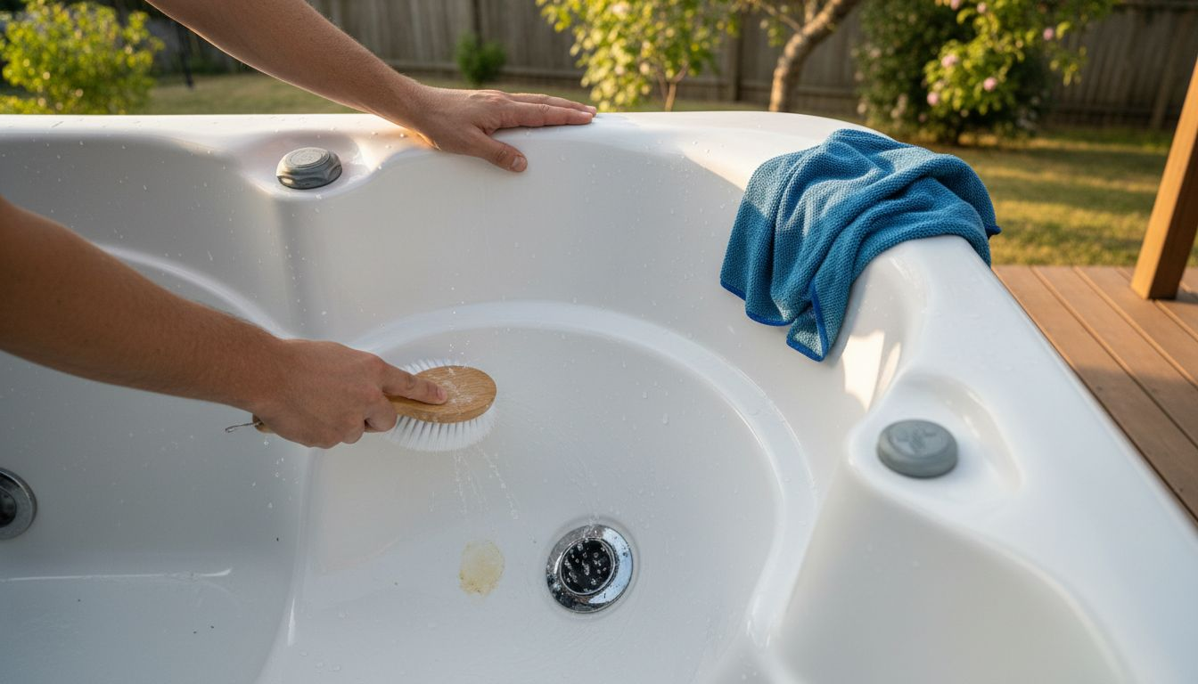 Hands brushing and wiping hot tub shell