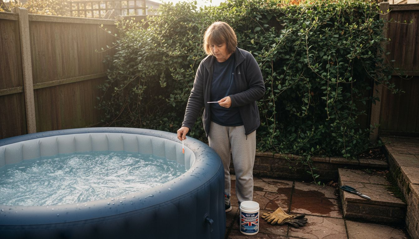 Woman testing Jacuzzi water quality on patio