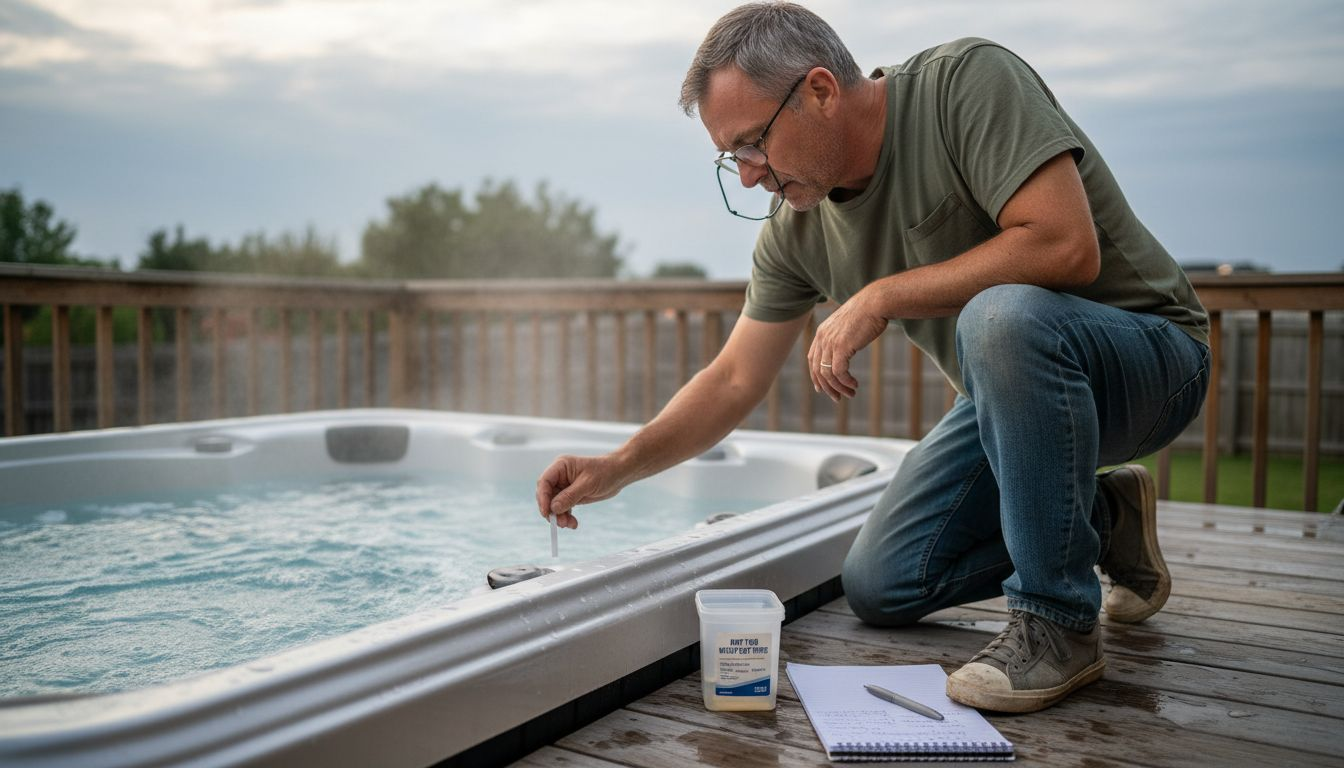 Man testing hot tub water quality outdoors