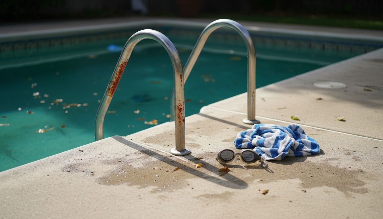 Corroded pool ladder near water surface