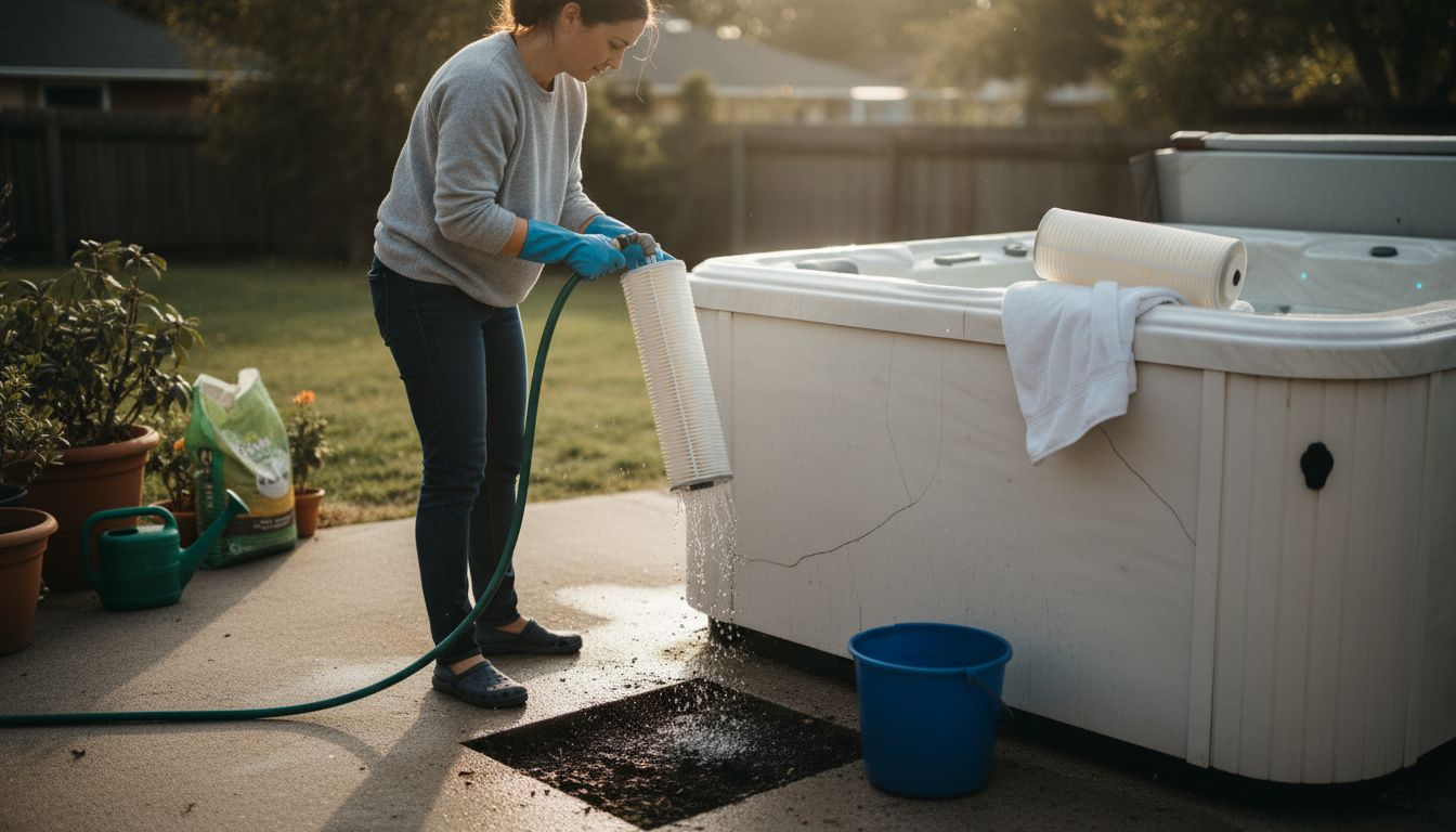 Woman rinsing hot tub filter outdoors