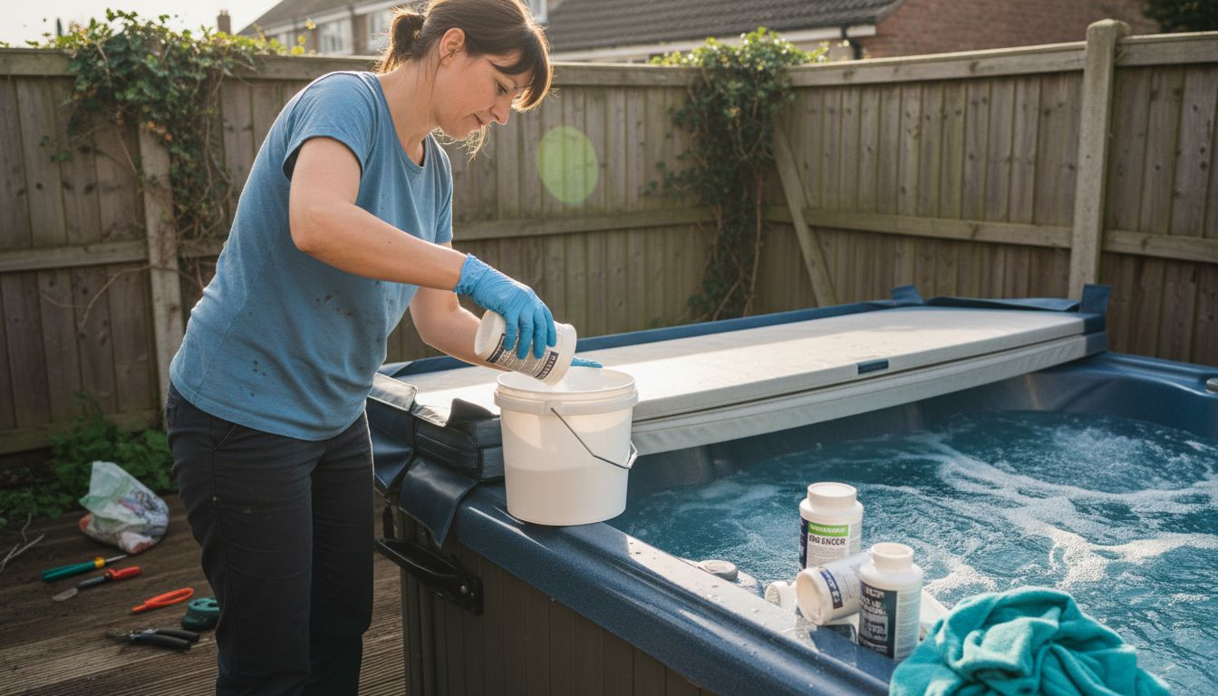 Woman preparing shock chemicals for hot tub