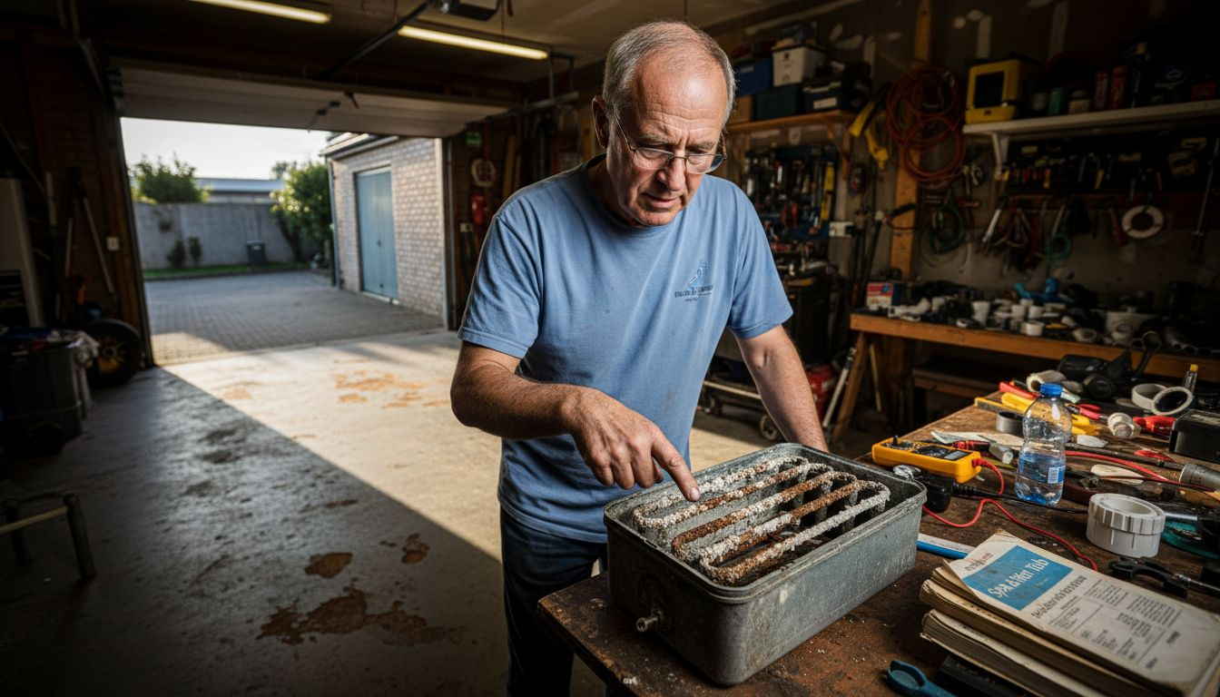 Man showing corroded hot tub heater element