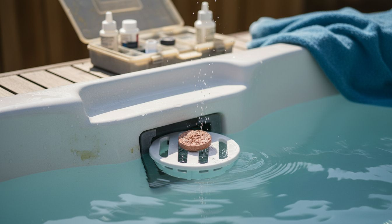Close-up of bromine tablet dissolving in hot tub