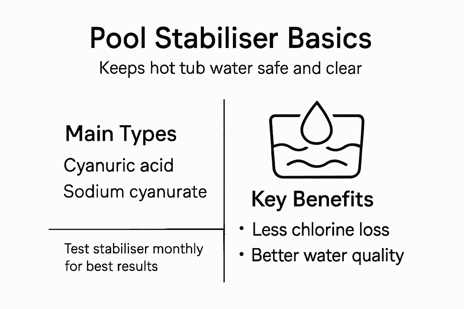 Pool stabiliser types and water quality benefits infographic