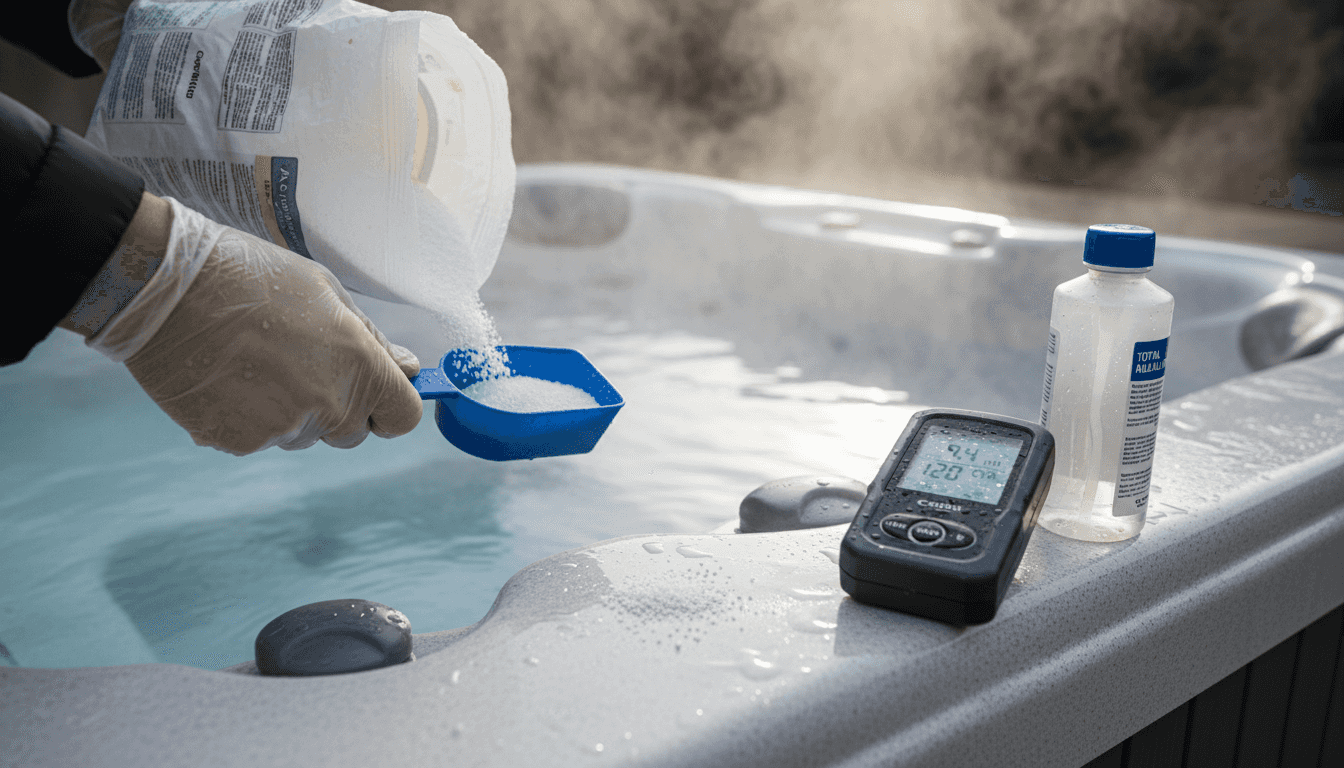 Hands measuring cyanuric acid for hot tub