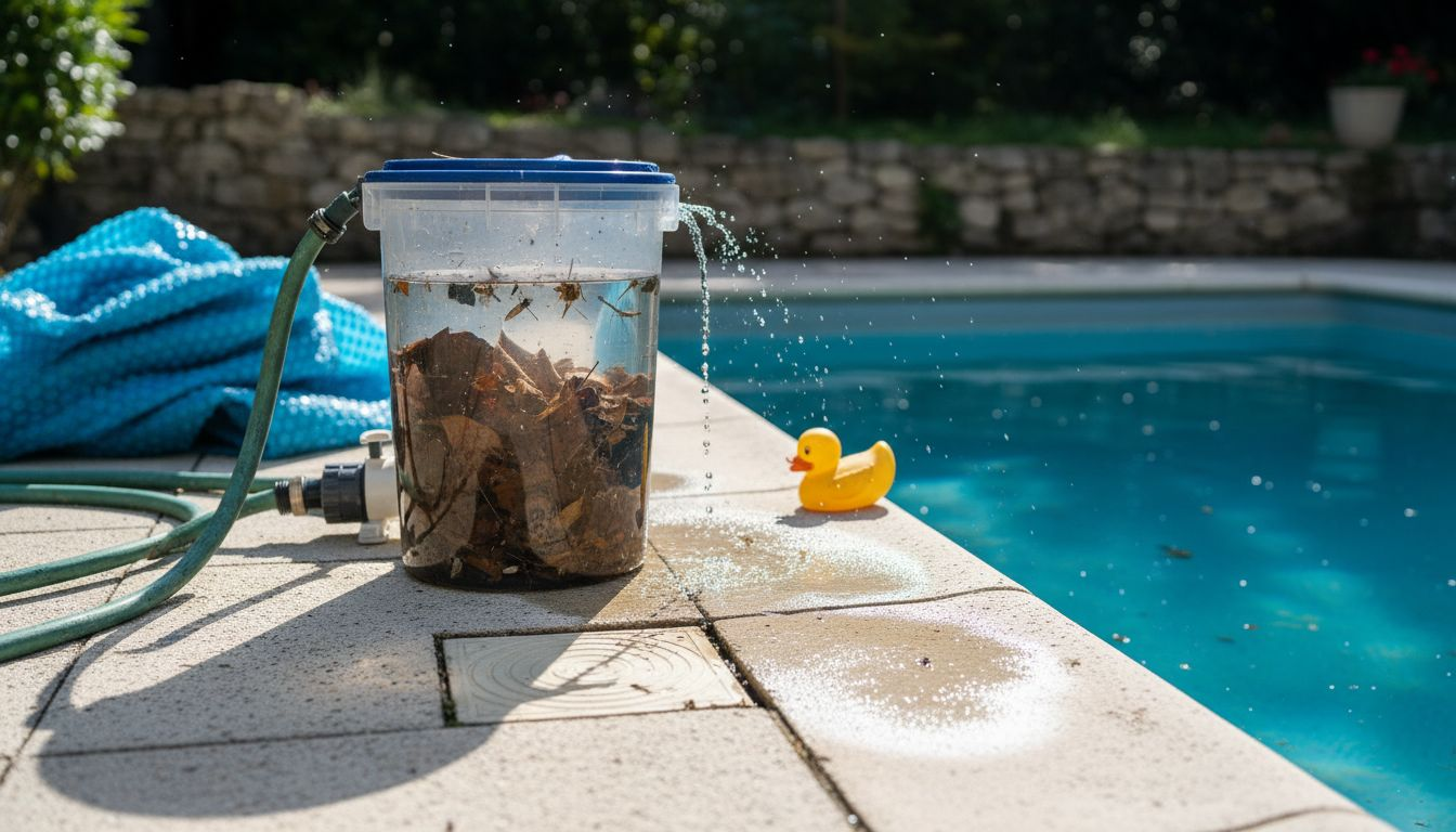Automatic pool skimmer filled with debris