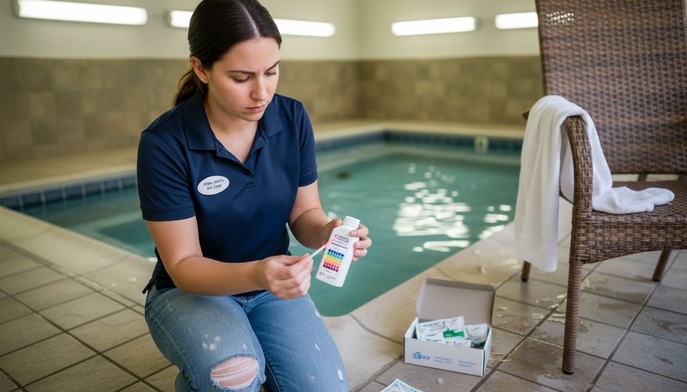 Technician testing spa water clarity indoors