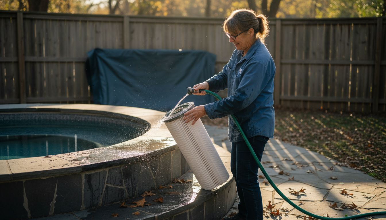 Woman rinsing hot tub pool filter outdoors