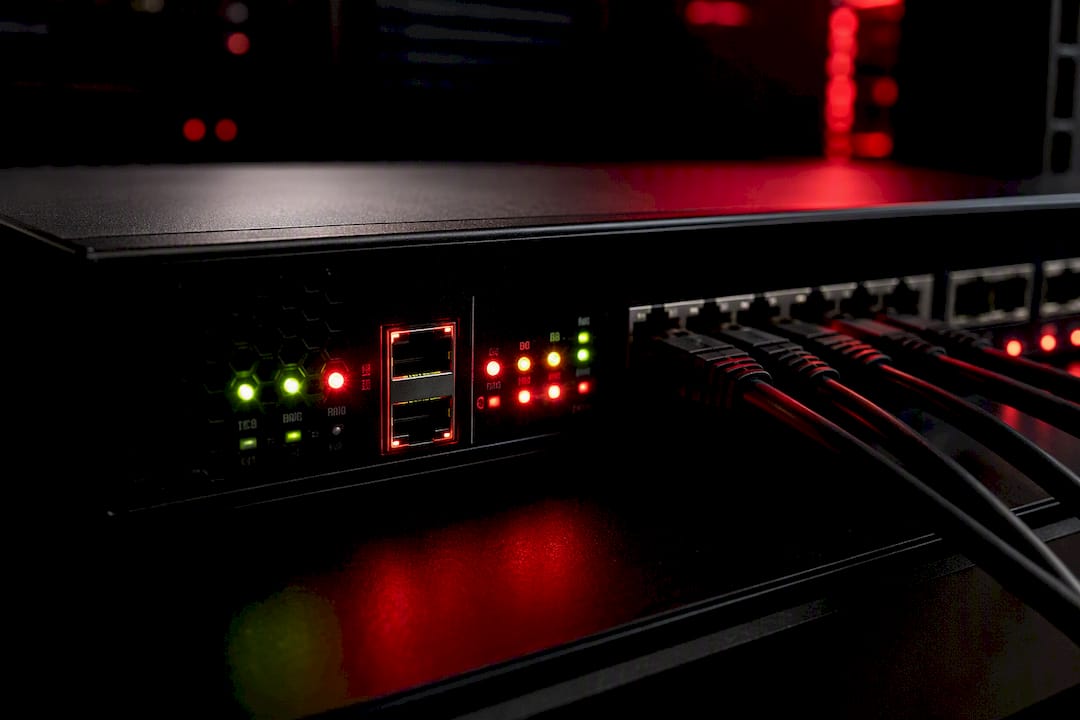 Firewall appliance blinking LEDs close-up