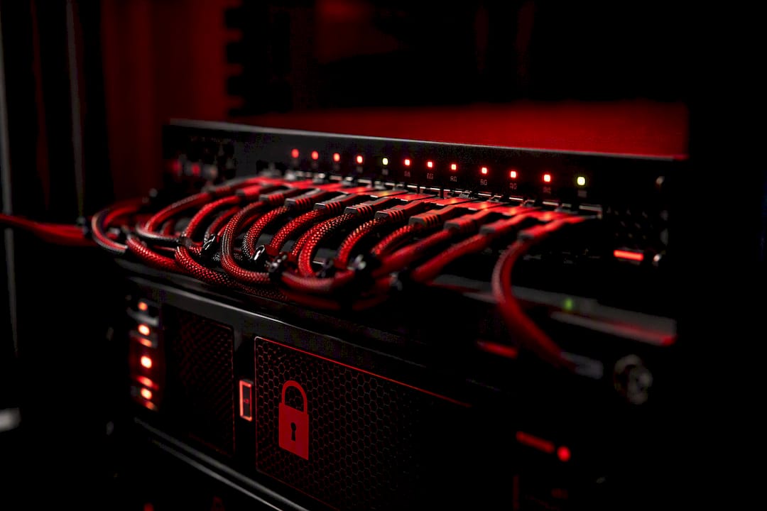 Close-up of network security device in server rack