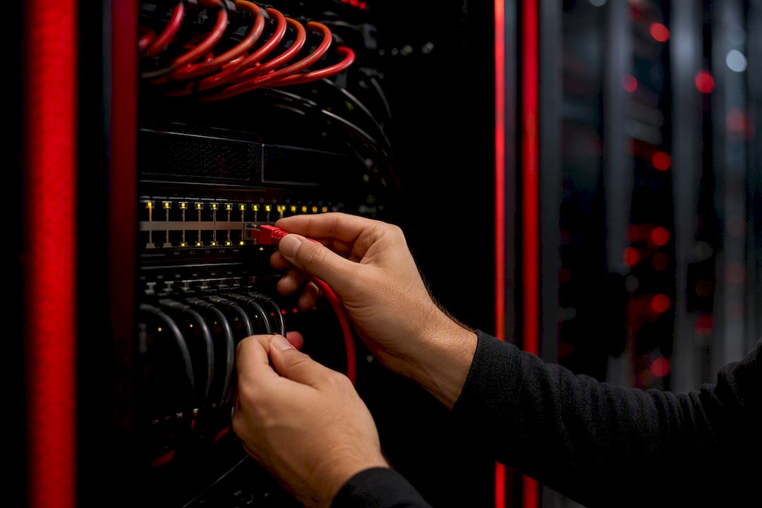 Hands connecting patch cable in server rack