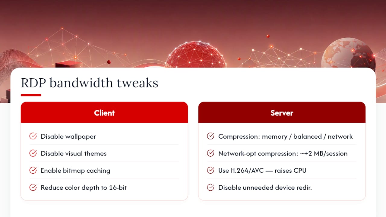 What Server and Client Settings Reduce RDP Bandwidth Use? &mdash; overview diagram
