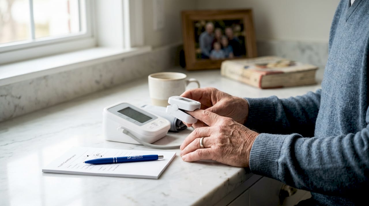 Hands holding biometric screening kit at desk